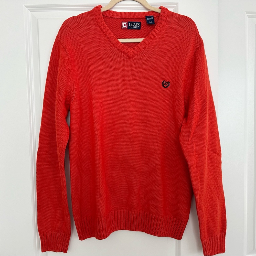 Ralph Lauren Chaps Crest Logo Collegiate Style Orange & Navy V-Neck Sweater